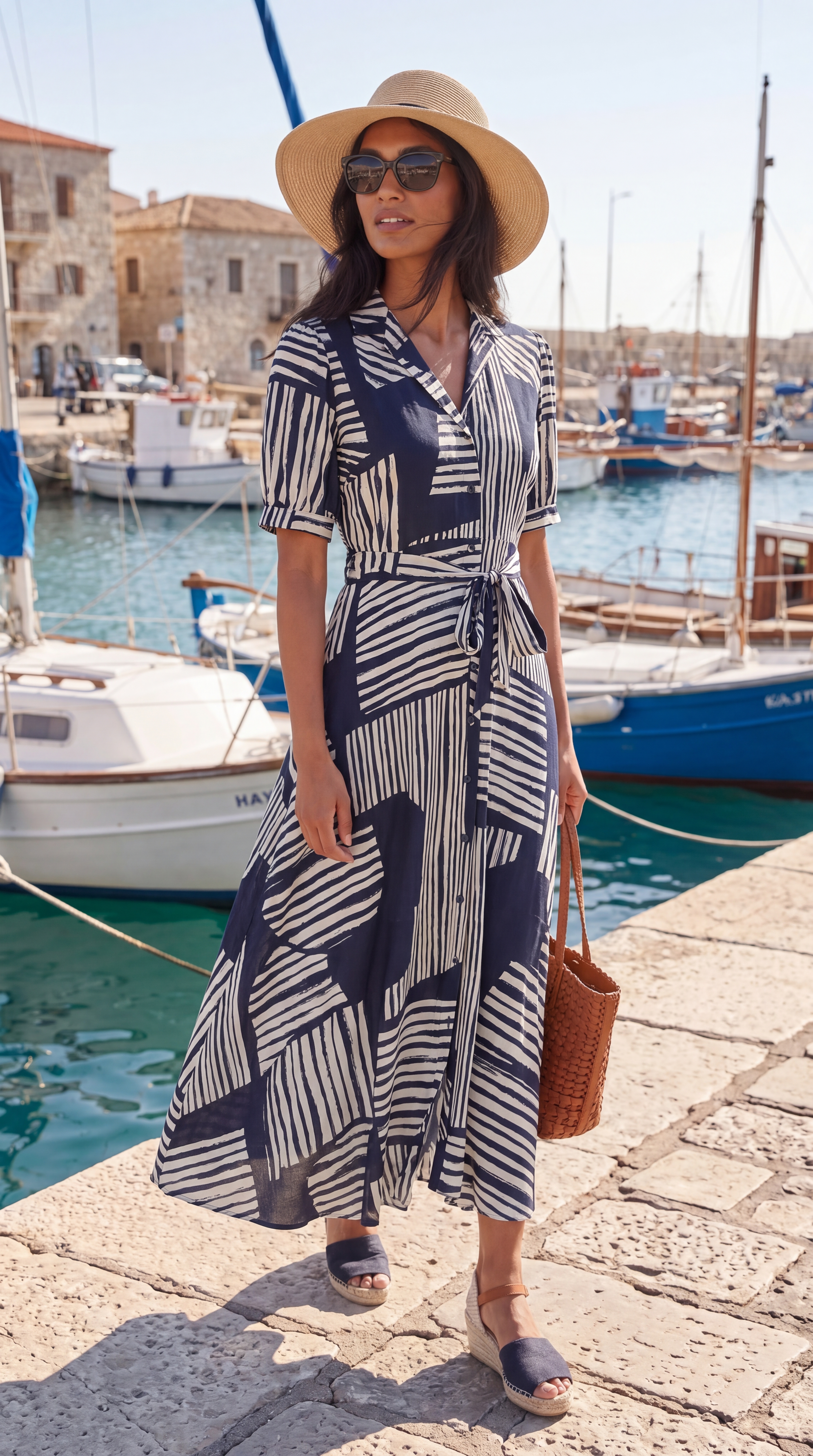 Dámske maxi košeľové šaty s geometrickým vzorom ZABAIONE AZURA NAVY BLUE s.WEAR 21